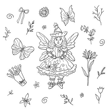 Fairy girl and floral doodling. Hand drawn vector illustration. Monochrome black and white ink sketch. Line art. Isolated on white background. Coloring page