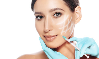 Woman face with arrows on face, rejuvenation skin. Injections Botulinum toxin for remove wrinkle - obrazy, fototapety, plakaty