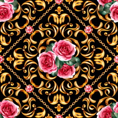 Seamless baroque pattern with decorative golden scrolls and roses