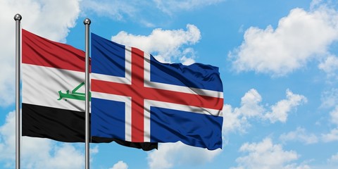 Iraq and Iceland flag waving in the wind against white cloudy blue sky together. Diplomacy concept,...
