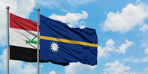 Iraq and Nauru flag waving in the wind against white cloudy blue sky together. Diplomacy concept, international relations.