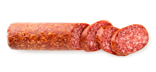 Sausage cut into pieces on a white background. The view of the top.