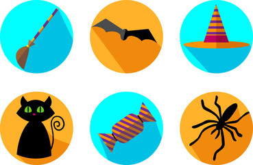 Modern vector collection of flat icons set with long shadow effect of halloween theme - broom, black bat, hat, black cat, spider, sweet. Isolated on white background.