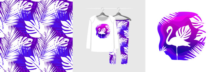 Seamless pattern and illustration for kid with tropical leaf and flamingo