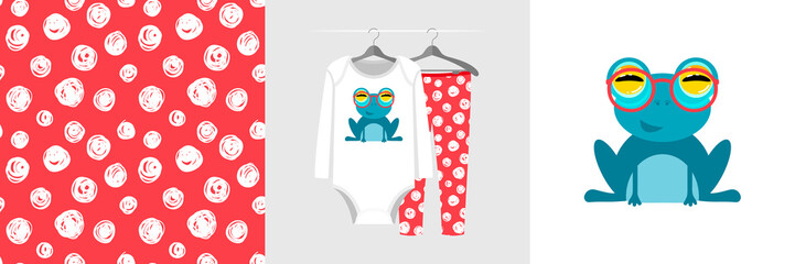 Fototapeta premium Seamless pattern and illustration for kid with frog in red glasses