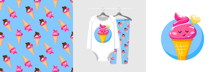 Seamless pattern and illustration for kid with ice cream cone