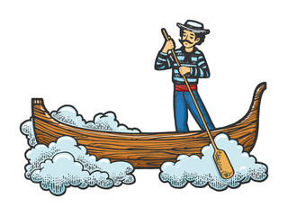 Fabulous flying gondola boat sketch engraving vector illustration. T-shirt apparel print design. Scratch board style imitation. Hand drawn image. © Oleksandr Pokusai