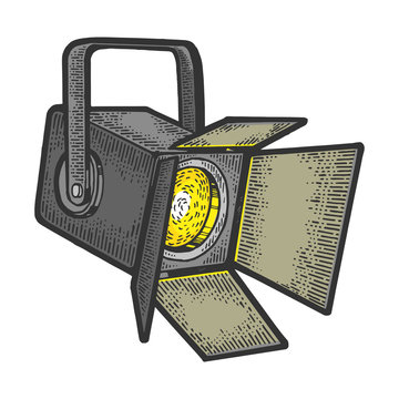 recommend clip art: Spotlight floodlight theatre projector sketch engraving vector illustration. T-shirt apparel print design. Scratch board style imitation. Black and white hand drawn image.