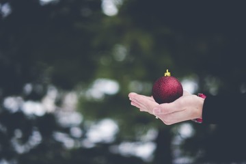 Closeup shot of a female holding a Christmas tree ornament with a blurred background