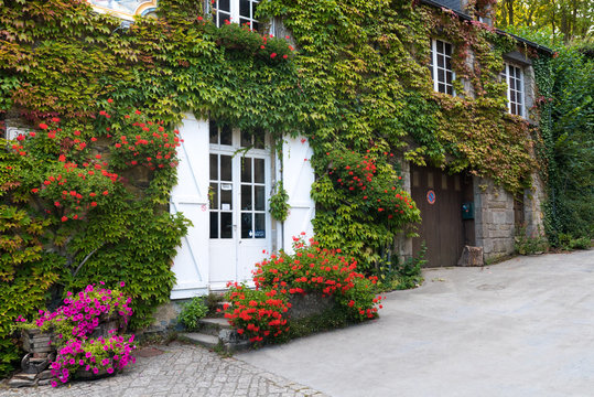 detail view of historic architecture and buildings in the picturesque French village of Rochefort-en-Terre in Brittany