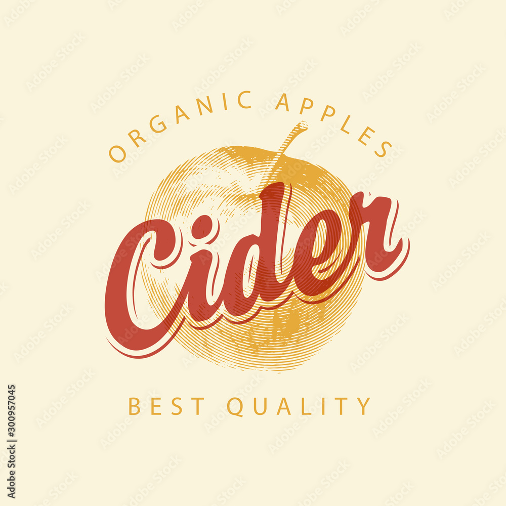 Poster vector label for apple cider with a realistic image of an apple and calligraphic inscription on a li