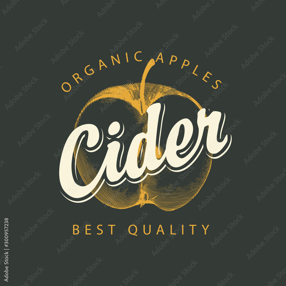 Poster vector label for apple cider with a realistic image of half an apple and calligraphic inscription on