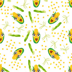 Cute seamless pattern with cartoon emoji corn