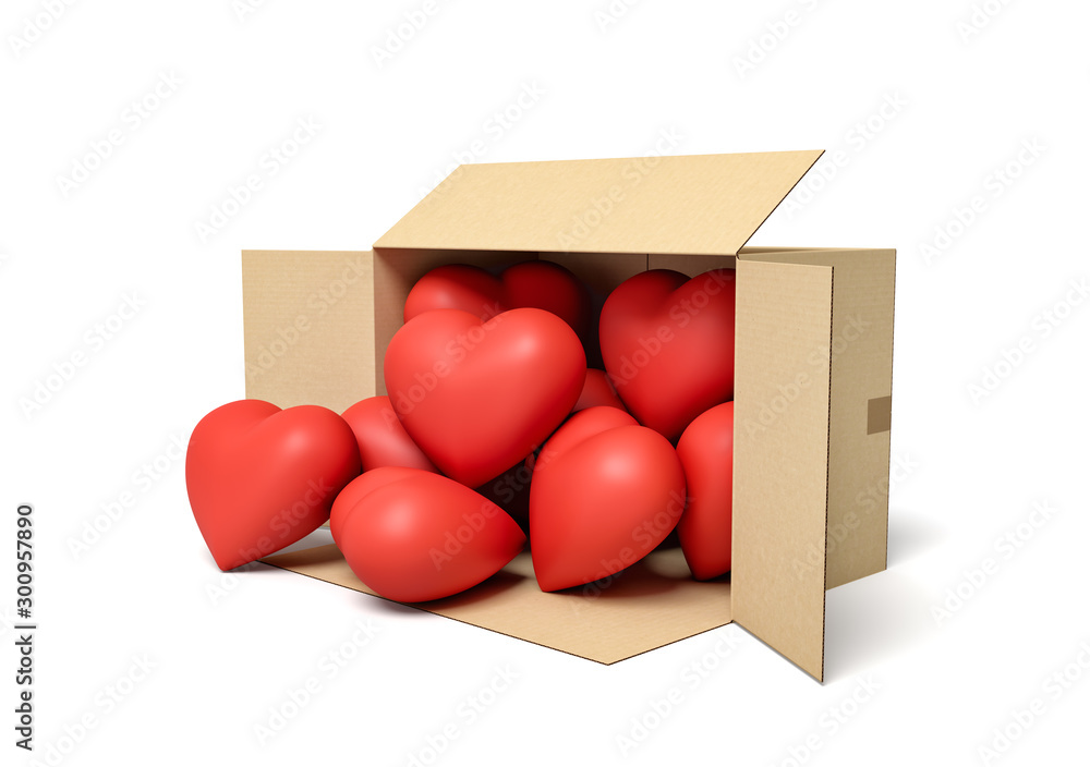 Poster 3d rendering of open cardboard box lying sidelong with cute red hearts inside and several outside.