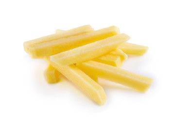 Raw Potato sliced strips prepared for French fries isolated over white background.