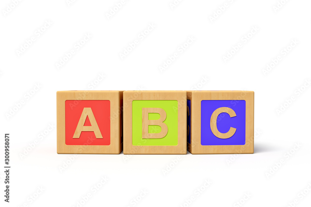 Poster 3d rendering of alphabet toy blocks.