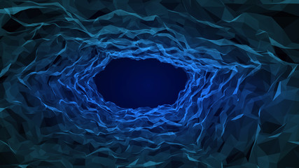 Gateway of space tunnel portal for future with flickering light grid wireframe wall dot line and circle swirl wave surface with door for digital space galaxy science technology abstract concept