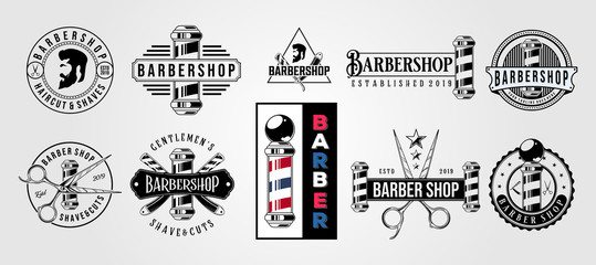 set of barbershop vector vintage hipster logo illustration design - obrazy, fototapety, plakaty