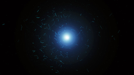 Gateway of space tunnel portal for future with flickering light grid wireframe wall dot line and circle swirl wave surface with door for digital space galaxy science technology abstract concept