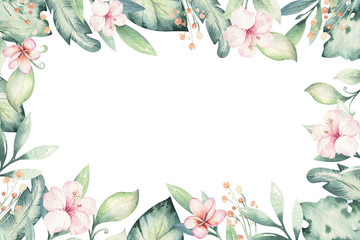 Hand drawn watercolor tropical flower background. Exotic palm leaves, jungle tree, brazil tropic botanical decoration botany elements and flowers. Perfect for fabric design. - obrazy, fototapety, plakaty