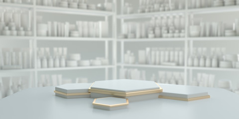 White and gold hexagonal pedestal with a white cosmetic display shelf. 3D render.