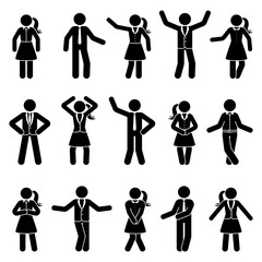 Stick figure business male and female standing front view different poses vector icon pictogram set. Black and white cut out office men and women people human silhouette on white background