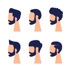 The heads and faces of men in a minimalist style. Set with different hairstyles and beards. Flat style. Vector illustration  