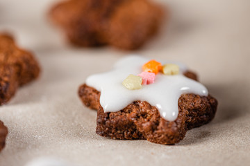 Christmas homemade gingerbread decorated with icing. Close-up.