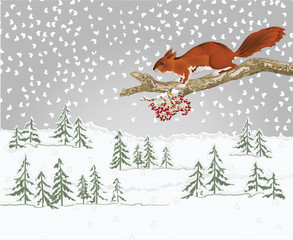 Winter landscape forest with snow and squirrel on an old tree natural rodent christmas theme natural background vintage vector illustration editable hand draw