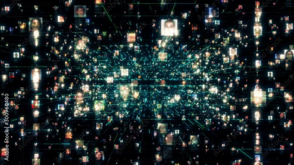Poster artificial intelligence concept background as motion in the searching stream of people portraits lin