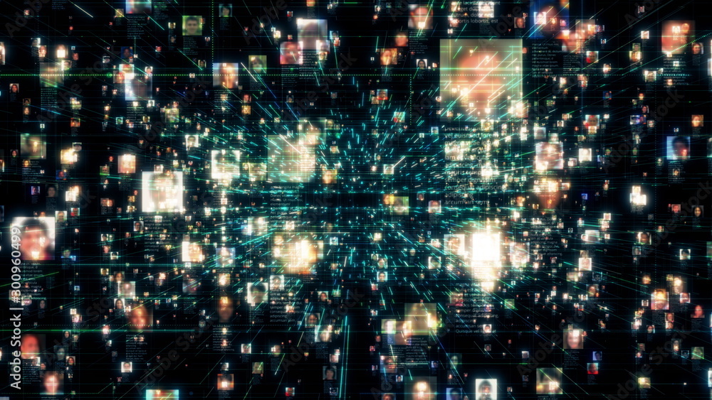 Poster artificial intelligence concept background as motion in the searching stream of people portraits lin