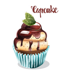 Cupcake with peppermint and chocolate glaze in blue cup. Desser vector