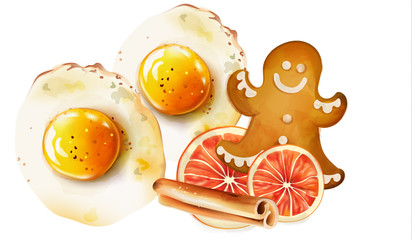 Fried eggs with spices and cinnamon sticks, gingerbread cookie, lemon snacks. Christmas morning food vector