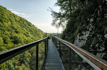 suspension metal bridge in canyon in Georgia in autumn