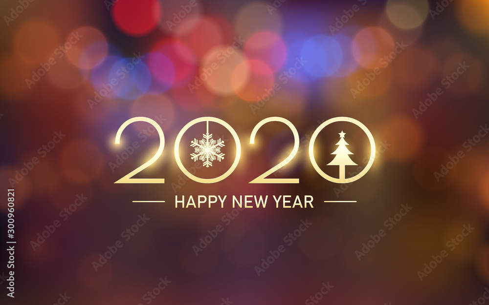 Wall mural glowing golden happy new year 2020 with bokeh and lens flare pattern in vintage orange color backgro