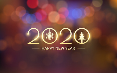 Naklejka premium glowing golden happy new year 2020 with bokeh and lens flare pattern in vintage orange color background