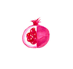 Pomegranate watercolor illustration hand drawn. Pink fruit in the isolated white background. Creative design food ingredient.