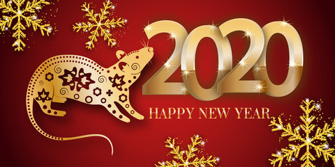 Happy New Year 2020. Year of the rat. Red background with golden numbers and snowflakes. Vector