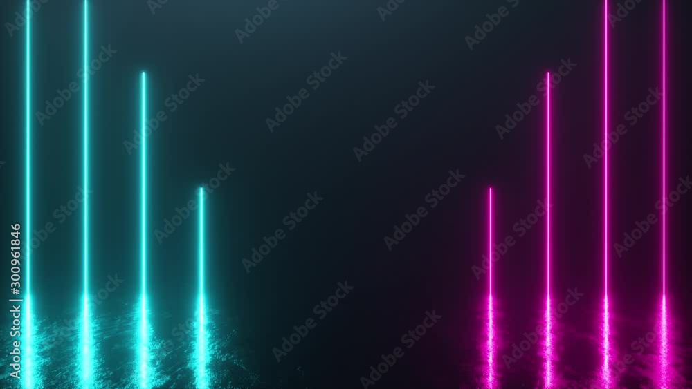 Poster futuristic scene with bright neon tubes descending into an iron metal floor with reflections and scr