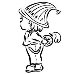 Little boy or dwarf with a Christmas ball behind his back