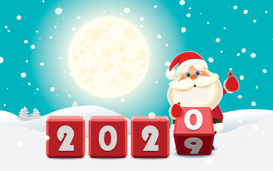 Santa Claus changing date from 2019 to 2020 rotating cubes with numbers in a winter surroundings