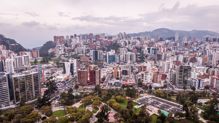 Fototapeta premium Aerial Shot of north of Quito Ecuador, cloudy day