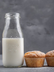 Fresh morning breakfast lemon and vanilla muffins with a bottle of milk on dark gray background