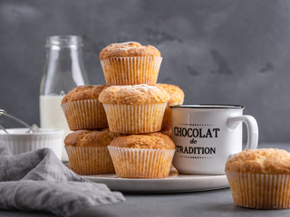 Fresh morning breakfast lemon and vanilla muffins with a bottle of milk on dark gray background