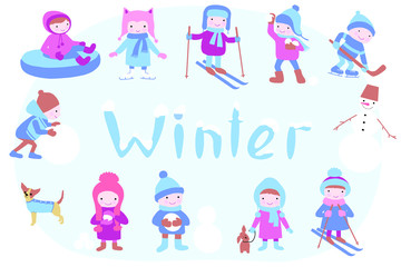 In winter, children spend time outdoors. Christmas season. Cold season, skating, skiing, making a snowman, playing hockey. Vector illustration