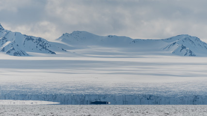 Fototapeta premium Snow covered mountains and a glacier by an arctic fjord in Svalbard
