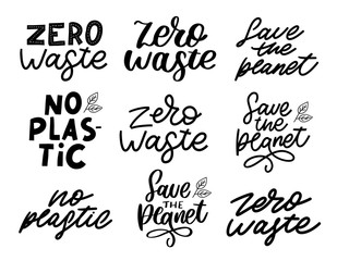 Hand Drawn Calligraphic Organic Icons Set Zero waste, Vegan, Save the planet, no plastic