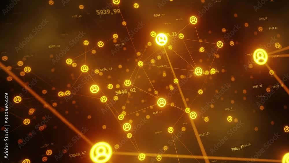 Poster connecting people on the internet, nodes transforming. flight of the camera in the technological abs