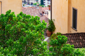 View Of Old Tile Roofs In Bergamo, medieval historical Old Town, Italy