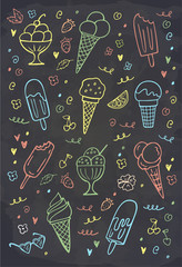 Set of doodle ice cream on chalkboard. Vector illustration. Perfect for dessert menu or food package design.
